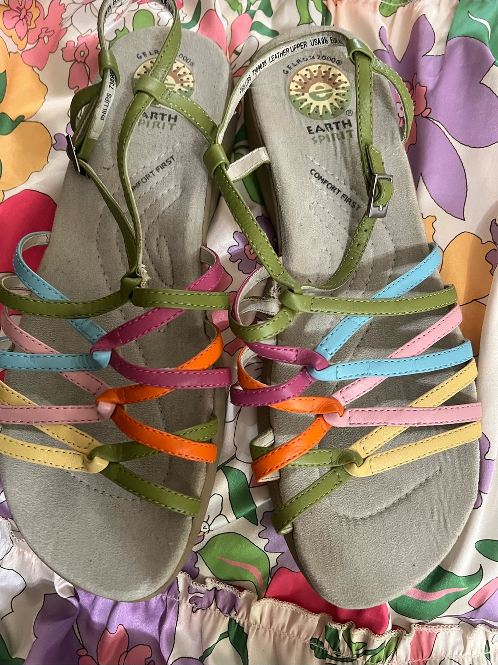 Earth Spirit Olive Multicolor Strappy Leather Sandals